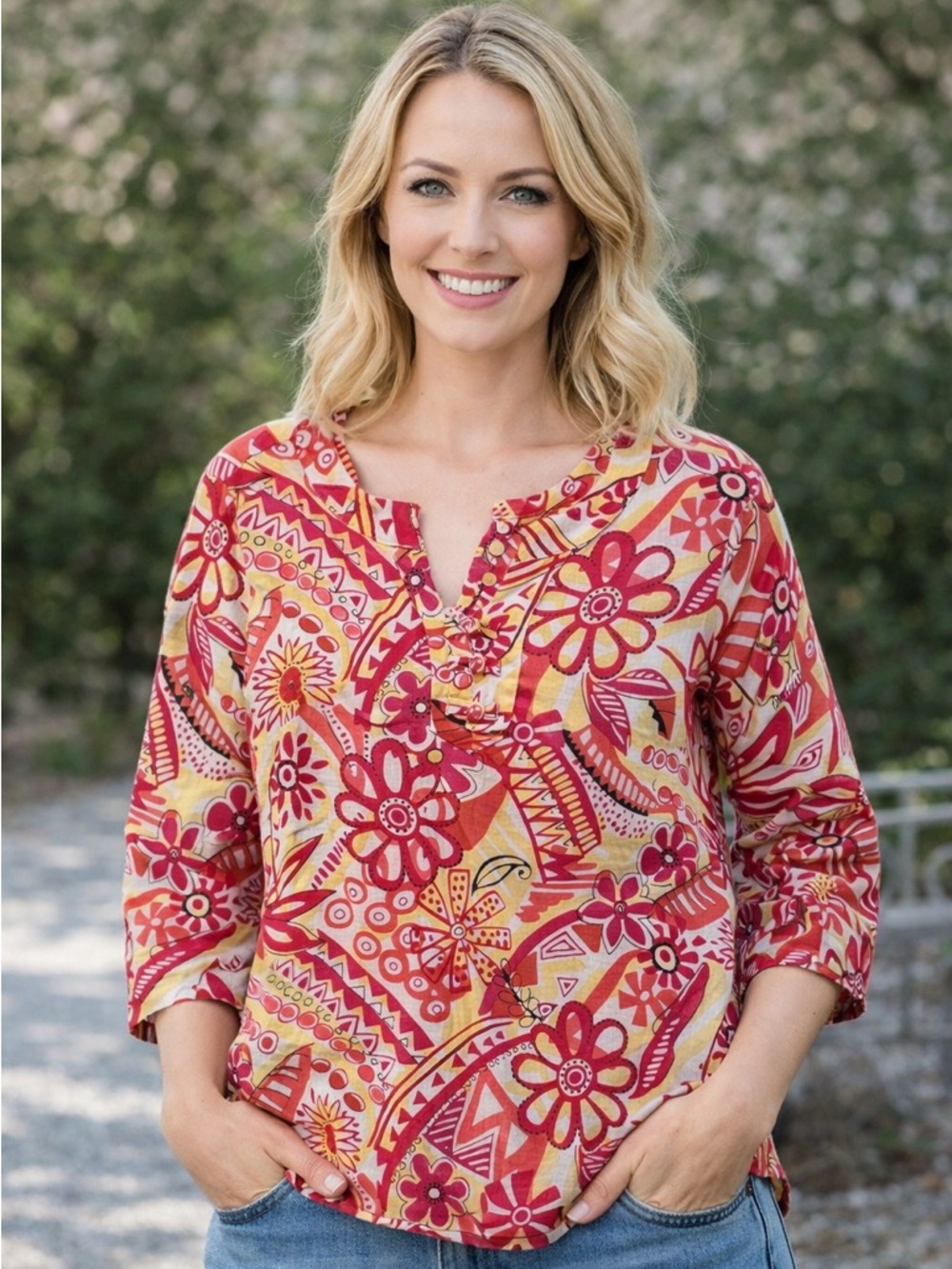 Choices 100% Linen Floral Top Vibrant Pink Yellow Colorful Bold Spring Size XL